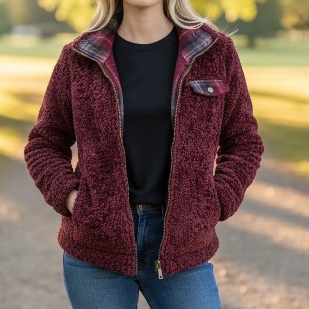 Pendleton Burgundy Sherpa Teddy Plaid Coat Women Size Medium